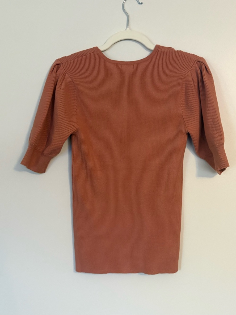 NWT Hem&Thread Boutique Ribbed Knit Puff Sleeve Top | Dusty Rose Tie Shoulder - Picture 4 of 5